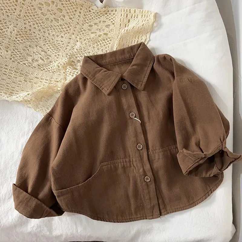 Boys Shirt Spring and Autumn New Girls Cotton Long sleeved Shirt Baby Solid Color Top Childrens Cardigan Y240906