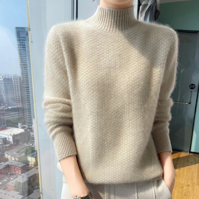 Autumn and Winter 100% Merino Wool Womens Sweater Half High Collar Solid Color Thick Knitted Large Size Loose Long Sleeve Floral Top 240905