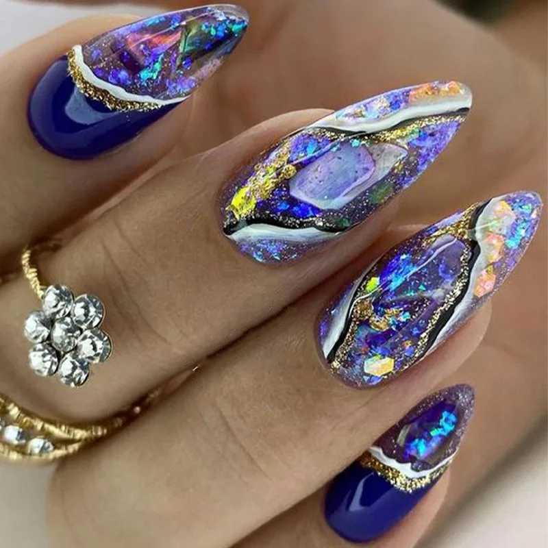 24pcs almond fake nails with amber stripe design can be worn in long and thin high-heeled shoes fake nails blue French full cover decorative nails W24