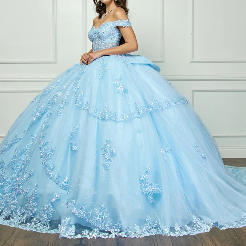Sky Blue Quinceanera Dresses Ball Gown Applique Lace Beading Crystals Bow Tull Corset Sweet 16 Dress Vestido De 15 Anos