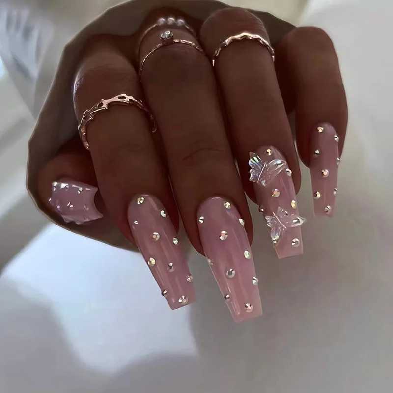 24 pieces of long ballet fake nails simple brown fake nails with diamond design on the nails wearable press complete set of ergonomic tips W240905