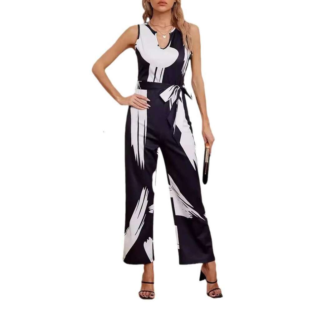 2024 New Graffiti Print with Belt White Commuter Dress jumpsuit