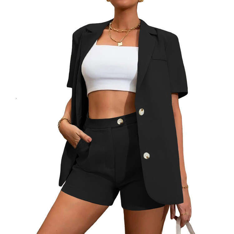 2024 Summer New Fashion Style Solid Color Suit High Waist Shorts Two Piece Set Women's Wear
