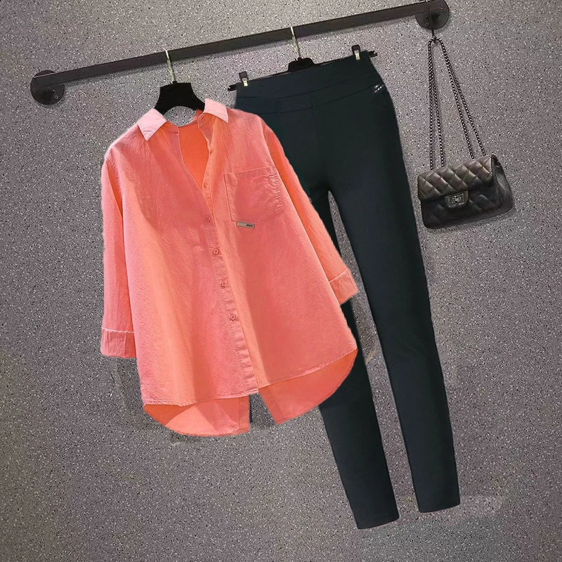 Womens Casual Sets Oversized Cotton Shirts Solid Long Sleeve Streetwear Top Blouse Sweet Loose Elastic Waist Pencil Pants Suit 240906