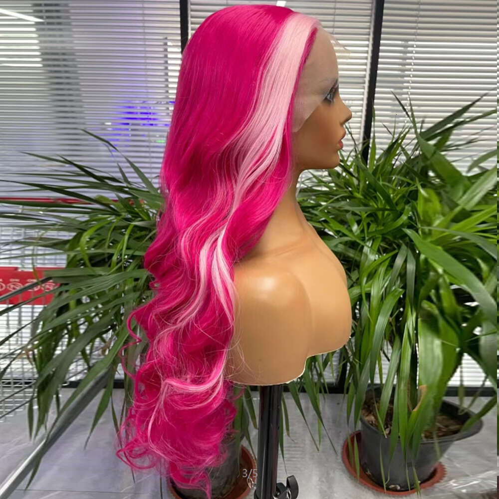 Synthetic Brazilian Wigs For Women Long Wave Lace Front Breakdown Free Rose-Red Color Hair Heat Resistant Fiber Cosplay Daily