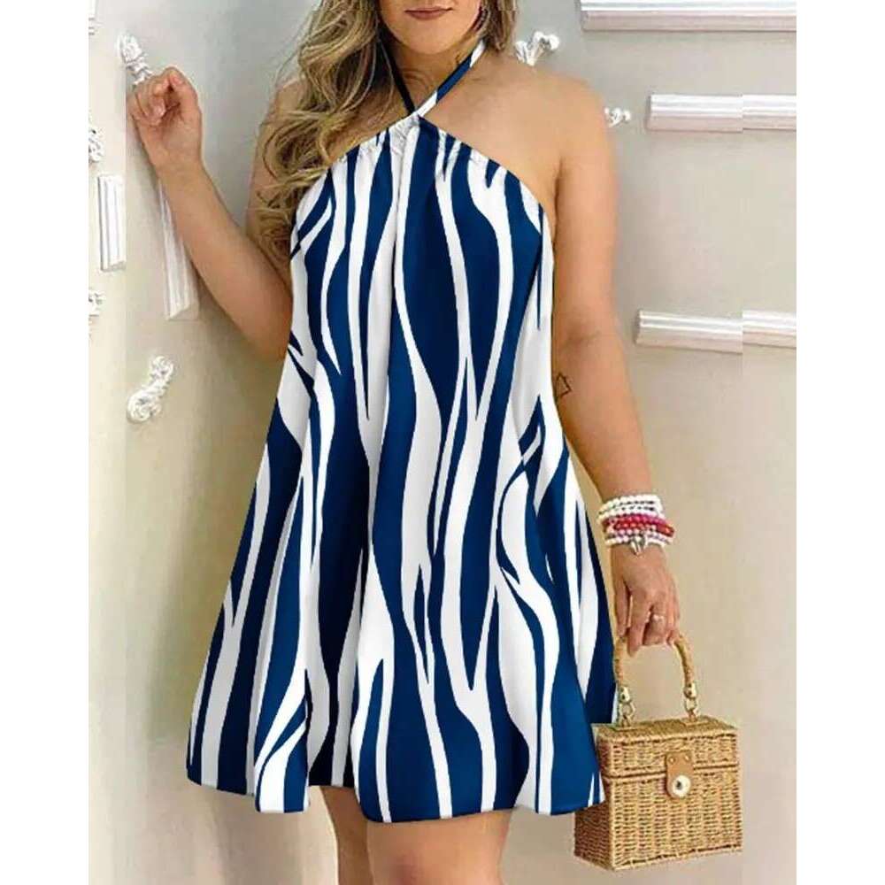 Summer Printed Off Shoulder Hanging Neck Strap Loose Women's Dress