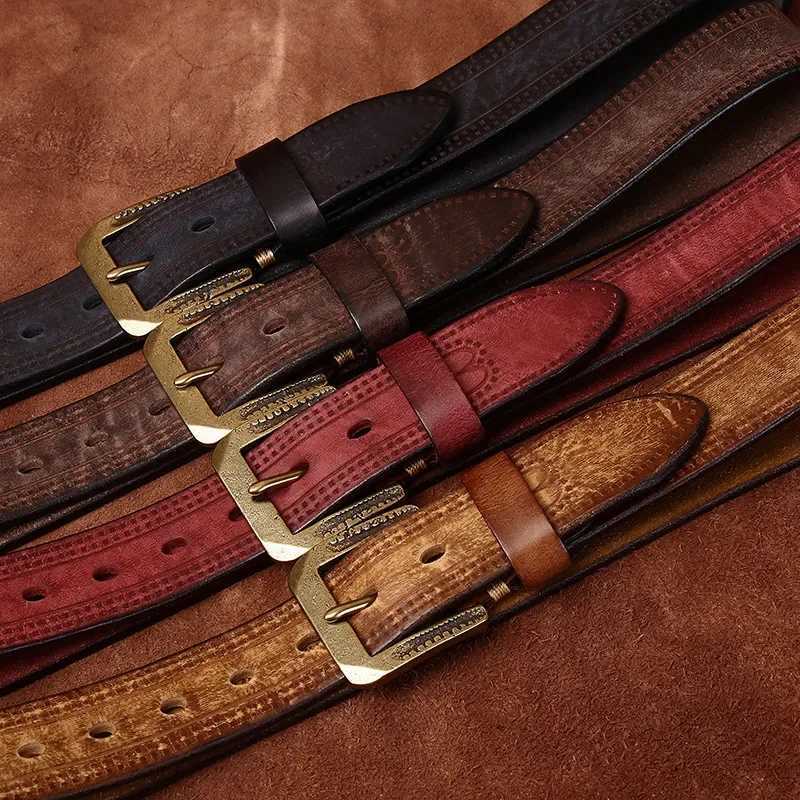 Classic leather mens belt with vintage brass buckle W240905