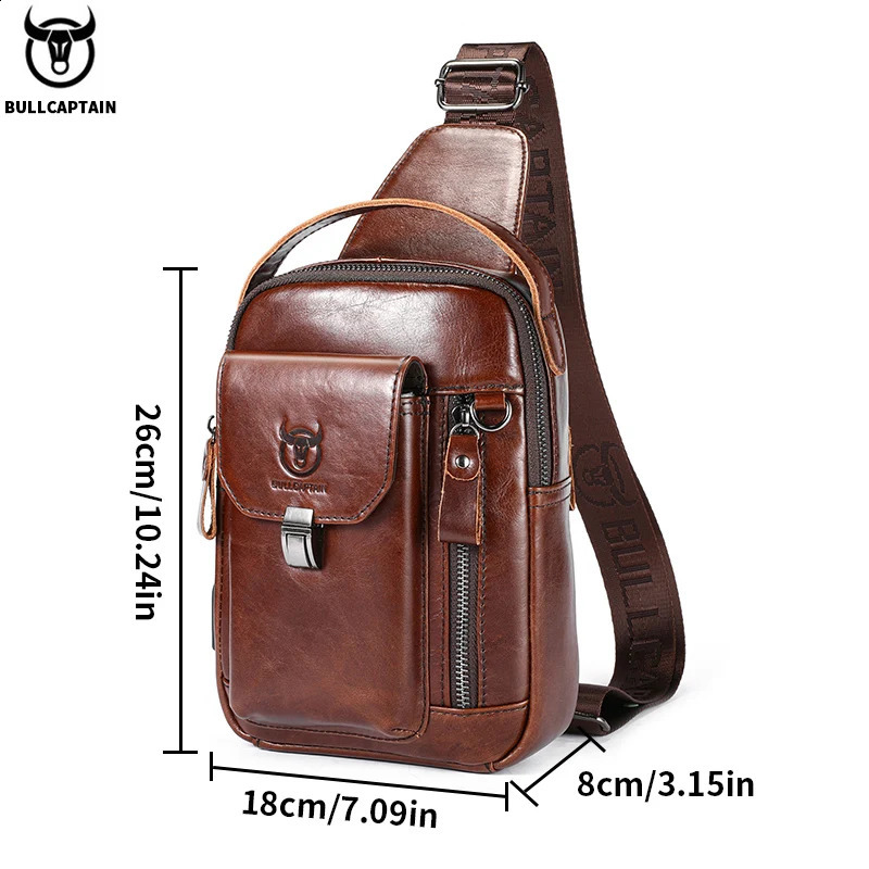 Bullcaptain Mens Genuine Leather Luggage Retro 79inch Mobile Phone Bag Multi functional Anti theft Cross body 240906