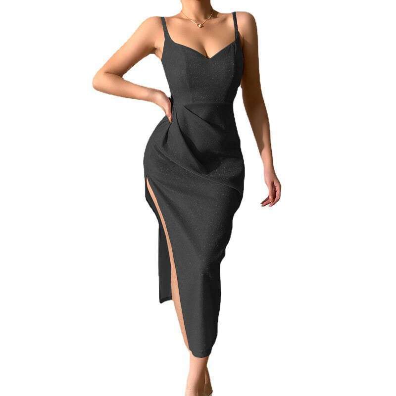 2023 Spring New Sparkling Pink Sexy Deep V Strap Split Style Long Dress Women