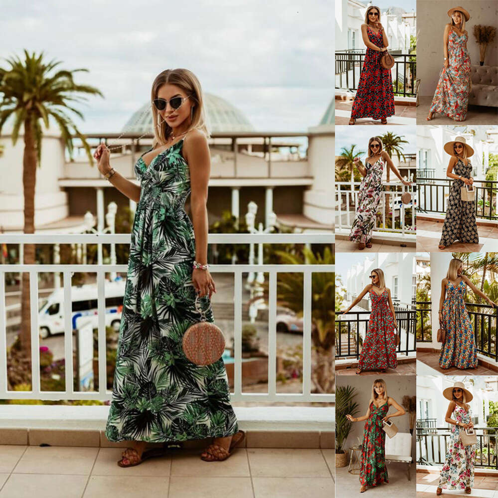 2023 Spring/Summer New V-neck Sleeveless Suspended Strap Printed Bohemian Long Dress