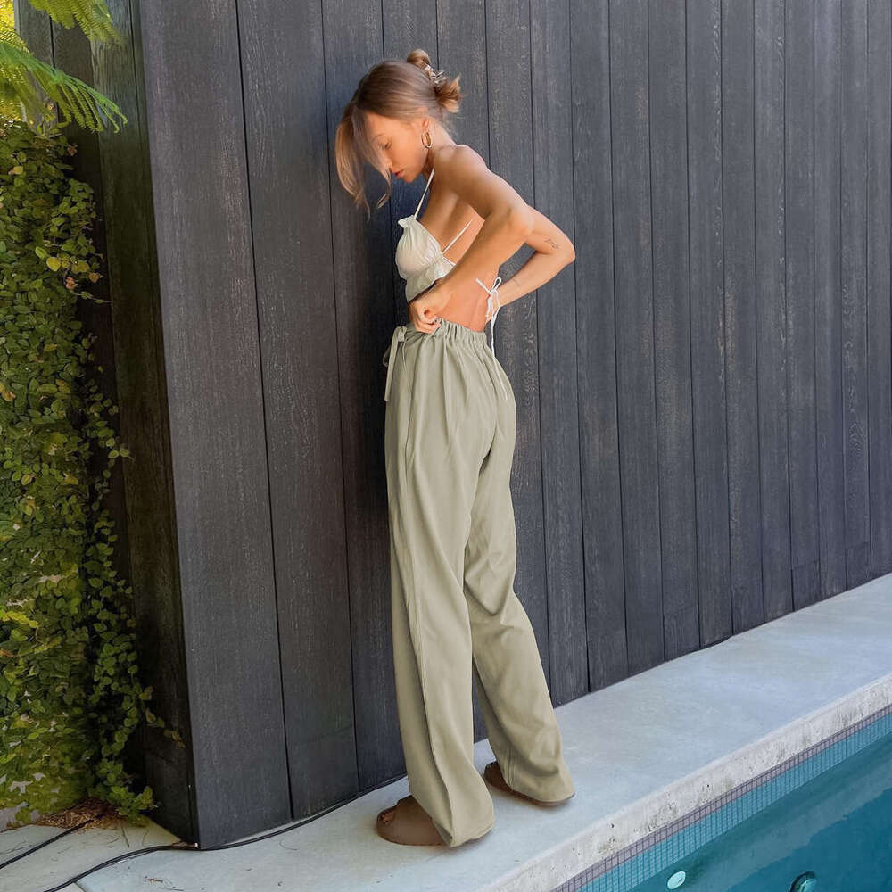 2024 summer new floor length pants, loose straight high waisted casual and fashionable hanging wide leg pants for women