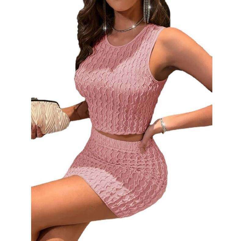 2024 Summer New Sexy Round Neck Slim Fit Small Tank Top High Waist Wrap Hip Tight Skirt Set