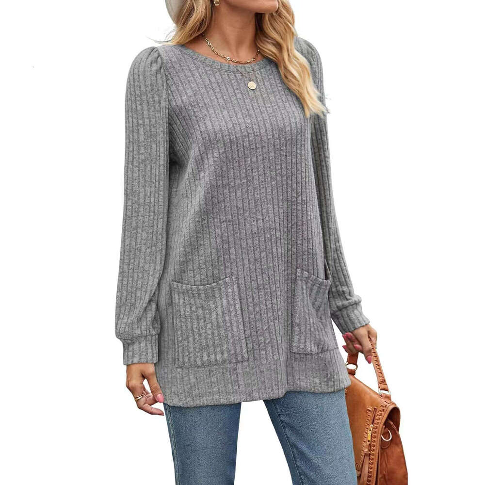 2024 Autumn/Winter New Pocket Top Loose Casual Bubble Sleeve T-shirt for Women