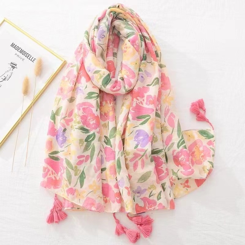 Fashionable shawl, versatile printed beach scarf, Spring and Autumn women's long scarf, butterfly flower contrasting new sunscreen silk