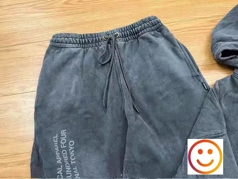 Gray Neighborhood NBHD Hole Damage Track Pants Hoodie Set Japanese Mens Heavy duty Fabric Retro Wash Splash Ink Sportswear 240904