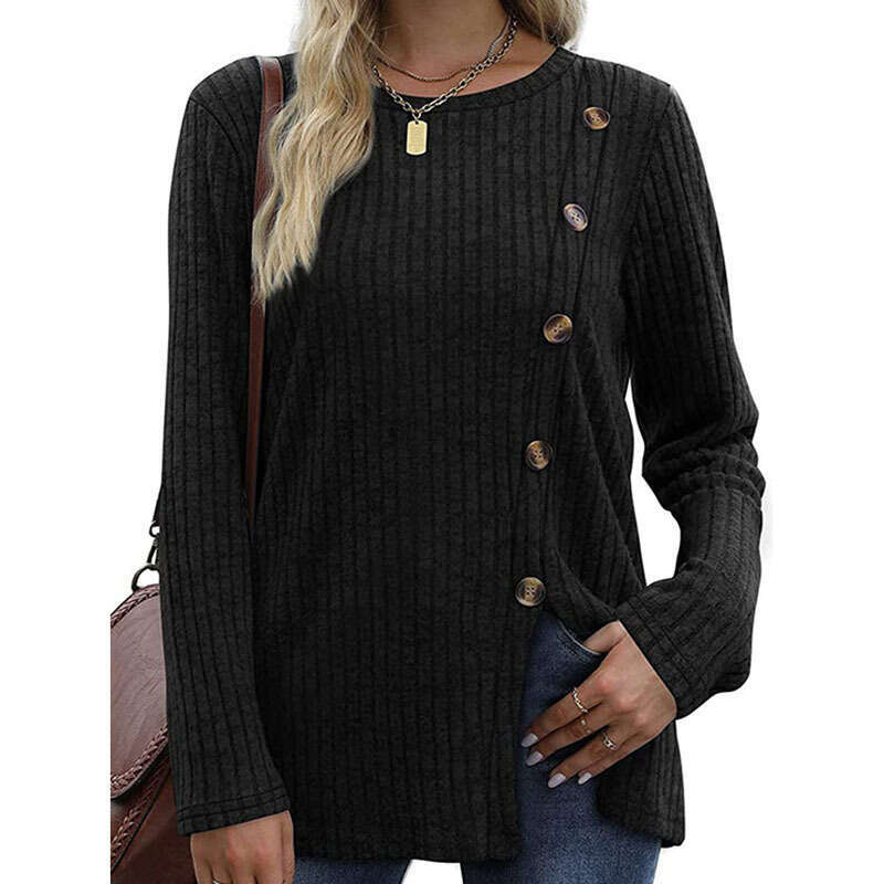 Button up women new fashionable autumn casual solid color long sleeved T-shirt for women