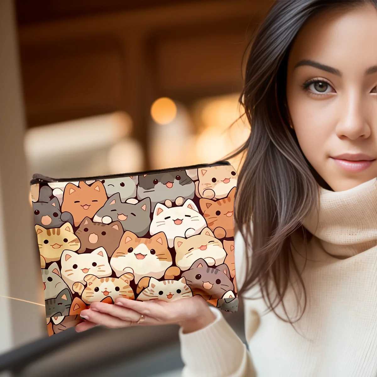 Fashion cartoon cat printed clutch bag portable zipper makeup bag linen fabric travel storage bag W240905