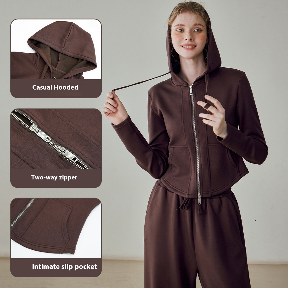 Sports suit women's new thick warm zipper hooded jacket yoga fiess loose wide leg pants two-piece set