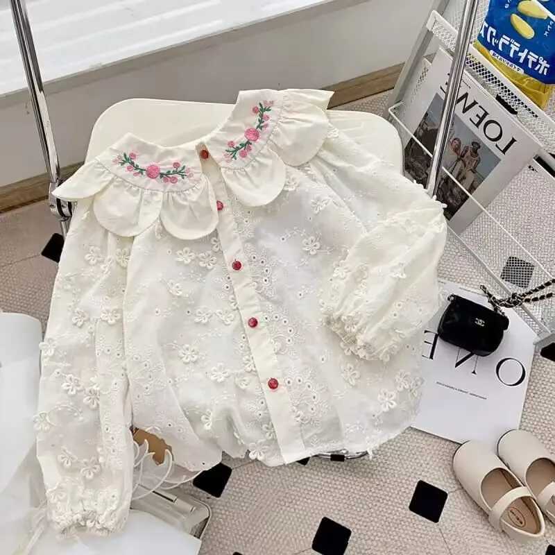 Childrens Shirt Fashion Spring/Summer New Lace Collar Shirt Girls Fragmented Embroidery Casual Long Sleeve Shirt Baby Top Y240906
