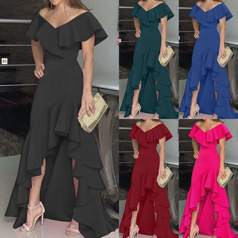 2023 temperament V-neck ruffled irregular elegant dress