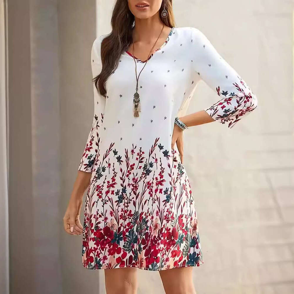 TMEU Women's New Printed Fashion V-neck Floral Dress for Spring and Summer 2024