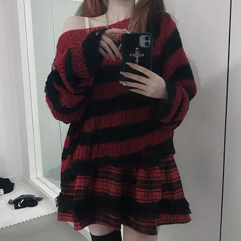 Womens sexy hollow outer striped long coat punk gothic cool hole torn jumper oversized loose rock dark streetwear zipper 240904