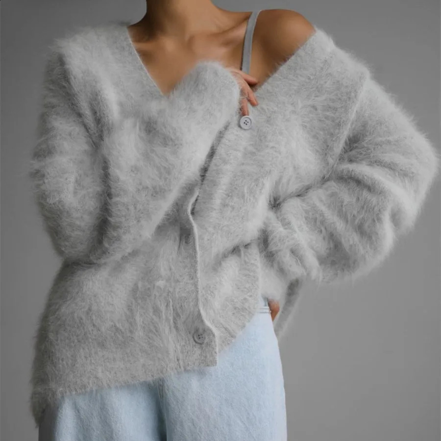 Fluffy knitted cardigan long sleeved sweater womens loose jacket soft Vneck jumper single breasted casual 240905