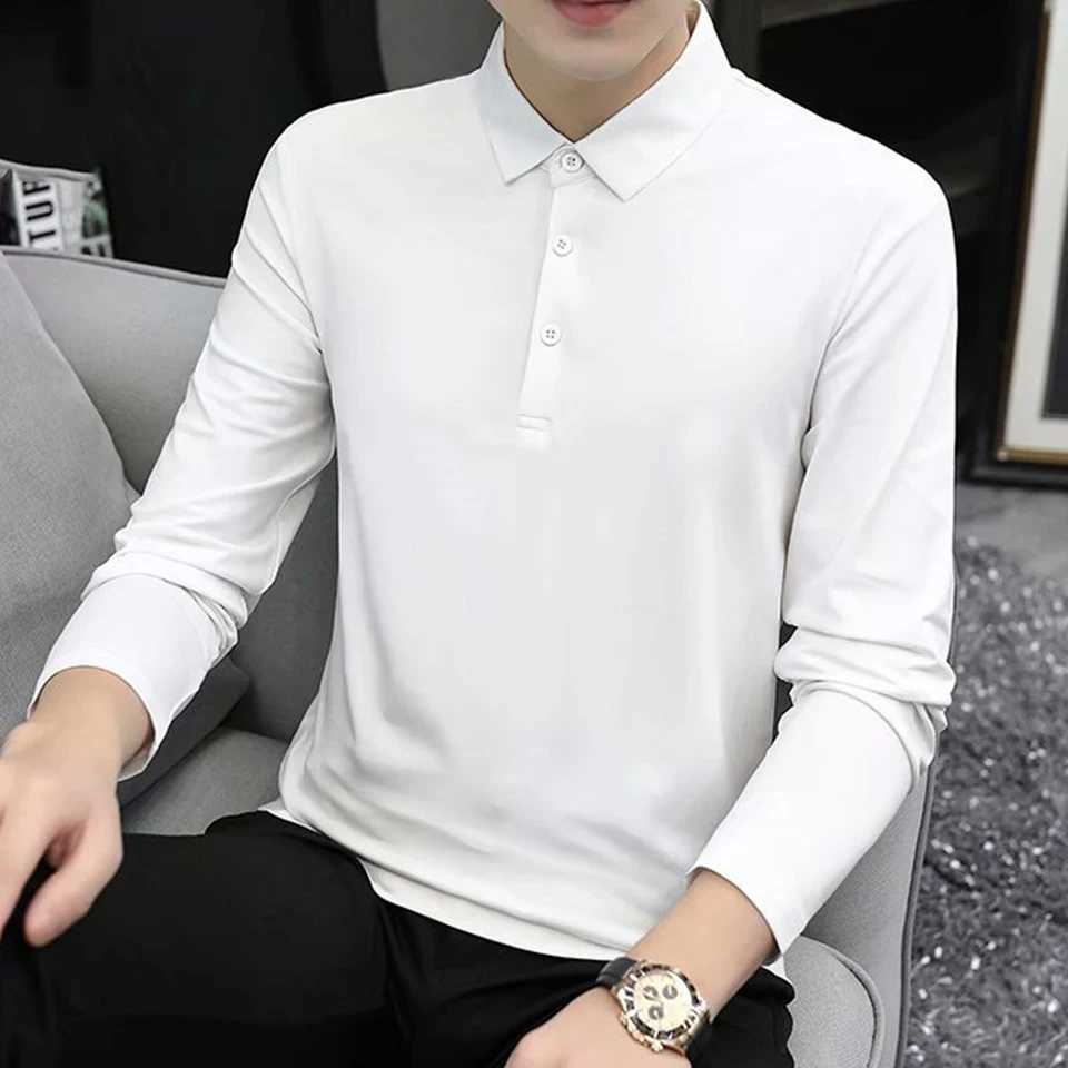 Fashion Autumn Spring Mens Long Sleeve Polo-Collar Cotton Solid Black White Business T-shirt Youth T Shirts Tees TopXJ240906