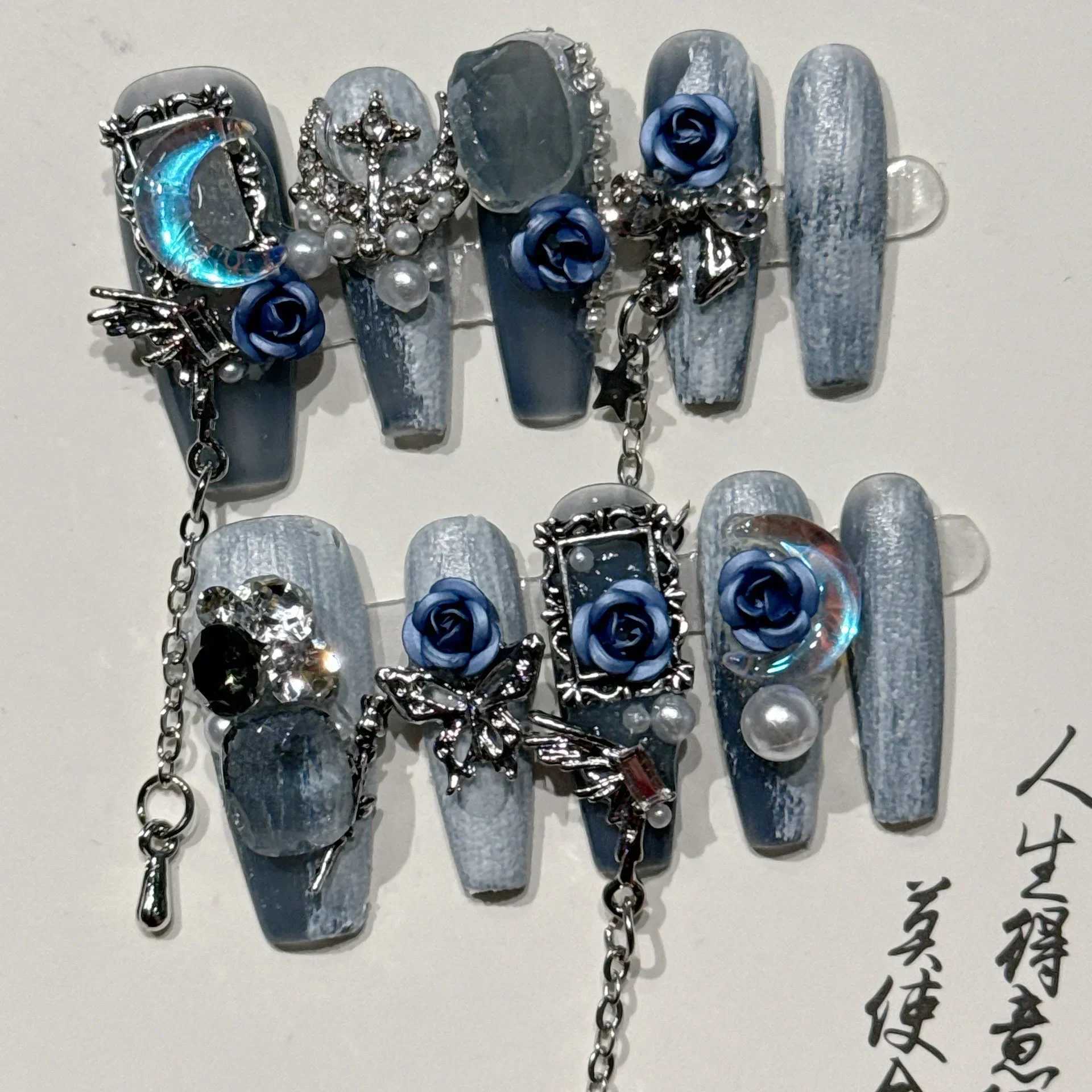 10 handmade fake nails with rose butterfly rhinestone design long ballet fully covered fake nails wearable coffin press W240905