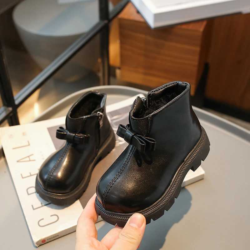 New Girls Ankle Boots Winter Shoes for Kids Princess Leather Shoes Child Bowtie Plush Warm Snow M240906