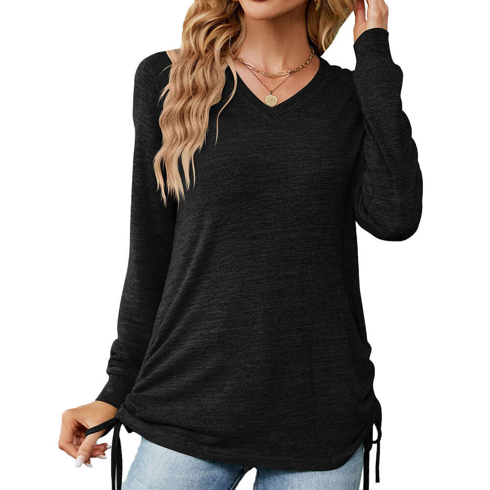 2024 Autumn/Winter New Womens V-neck Pleated Solid Long Sleeve Loose T-shirt Top
