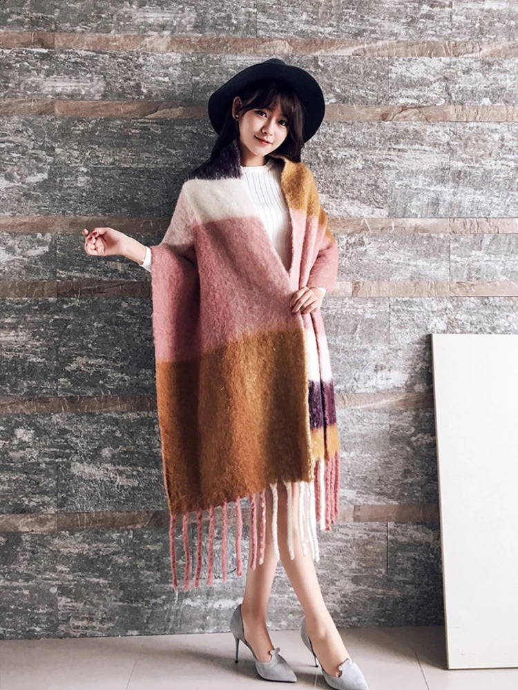 Free delivery womens knitted winter vintage plaid scarf imitation cashmere Pashmina warm scarf Pareo Foulard unprinted good package shawl 240923