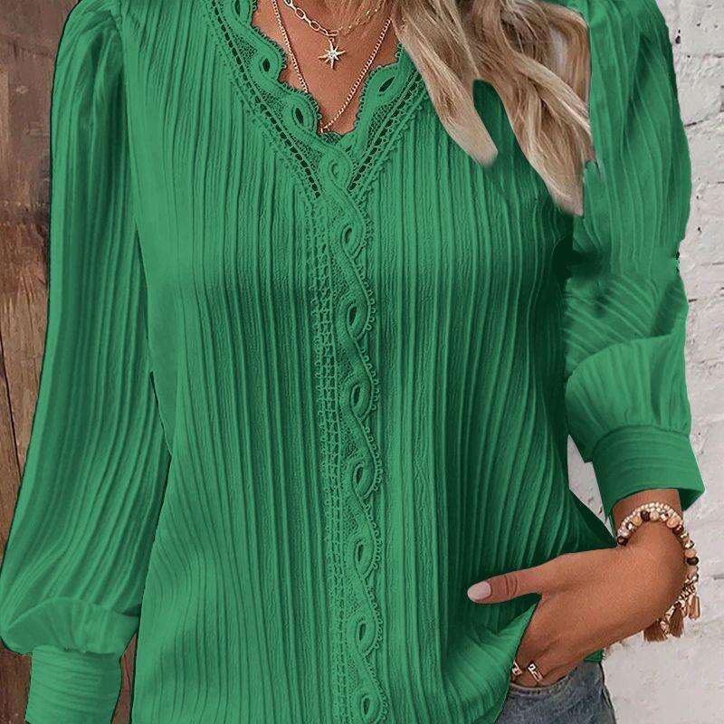 Fall 2024 long sleeved V-neck lace patchwork shirt women's clothing
