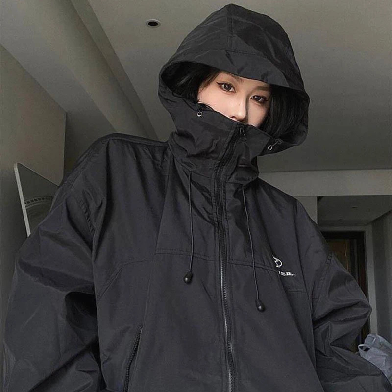 Harajuku womens jacket hooded Y2K streetwear oversized autumn retro loose casual long sleeved trend zipper 240902