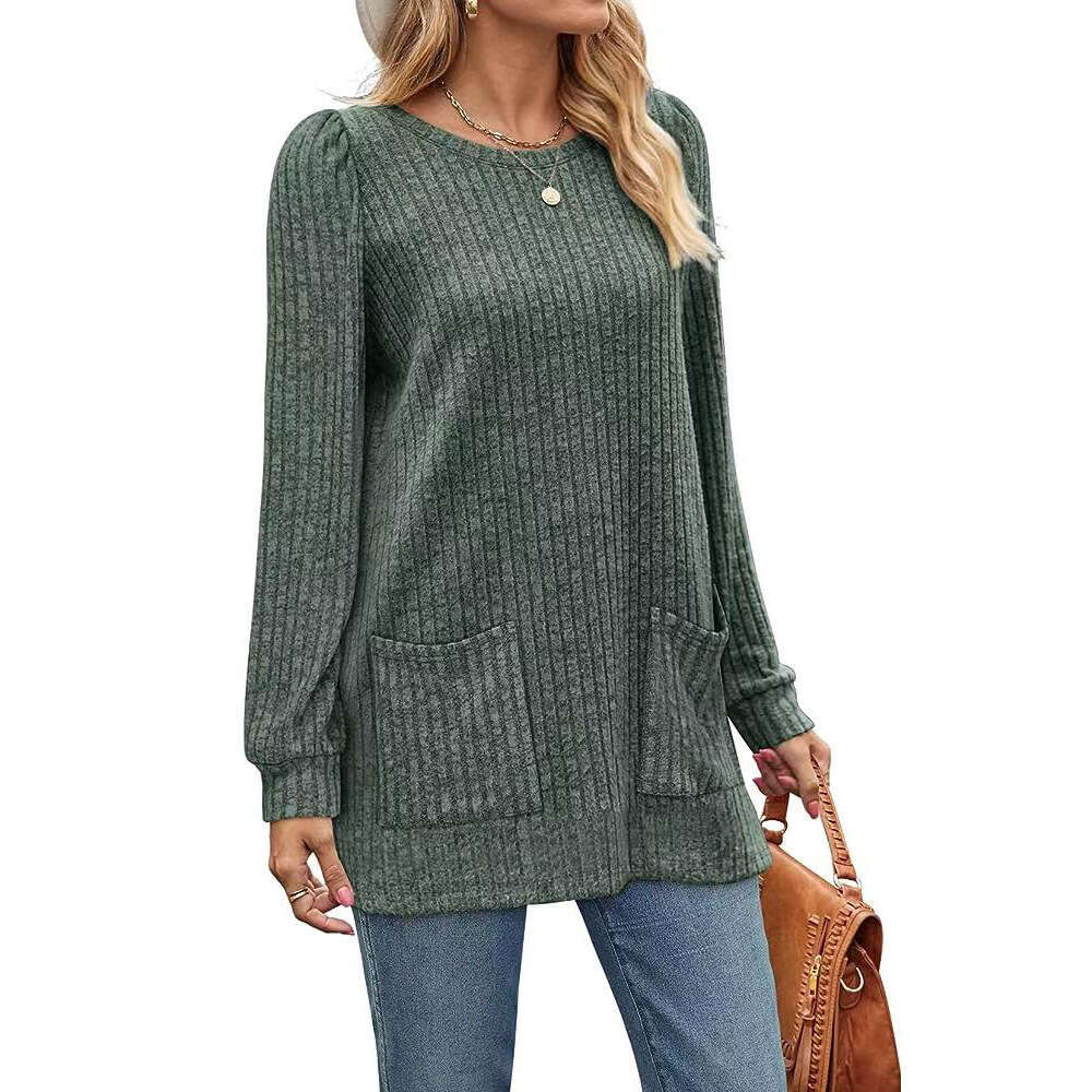 2024 Autumn/Winter New Pocket Top Loose Casual Bubble Sleeve T-shirt for Women