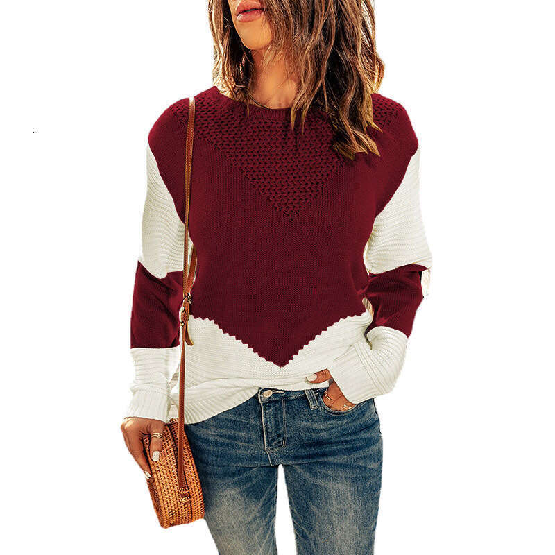 Knitted top women's autumn and winter clothing new round neck contrasting base pullover sweater