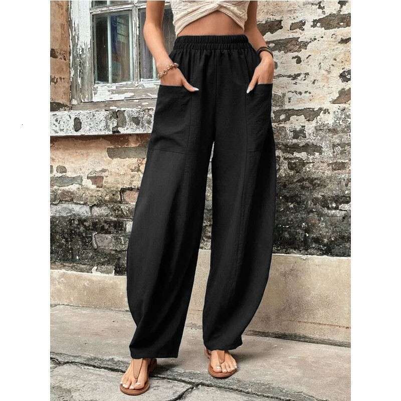 Solid color pockets Women's casual Elastic Long pants