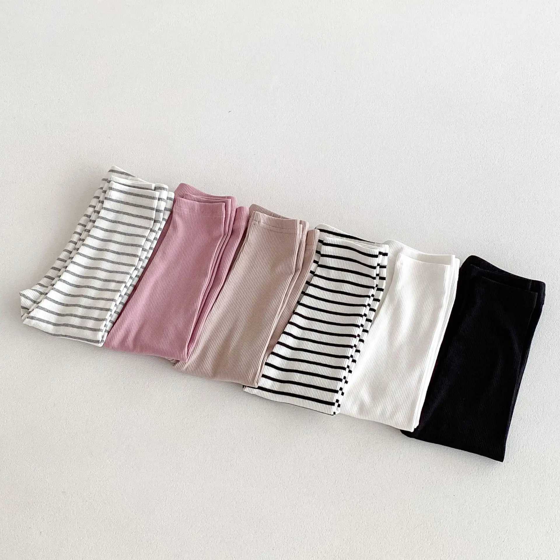 2024 Autumn New Children Solid Leggings Kids Tights Boys Girls Cotton Stretch Pants Striped Toddler Casual Versatile Trousers Y240906