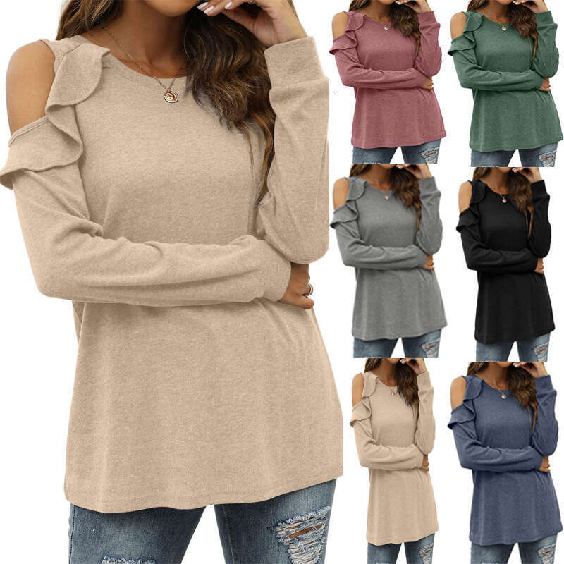 2024 Autumn/Winter New Knitwear Round Neck Off Shoulder Ruffled Loose Casual Top for Women