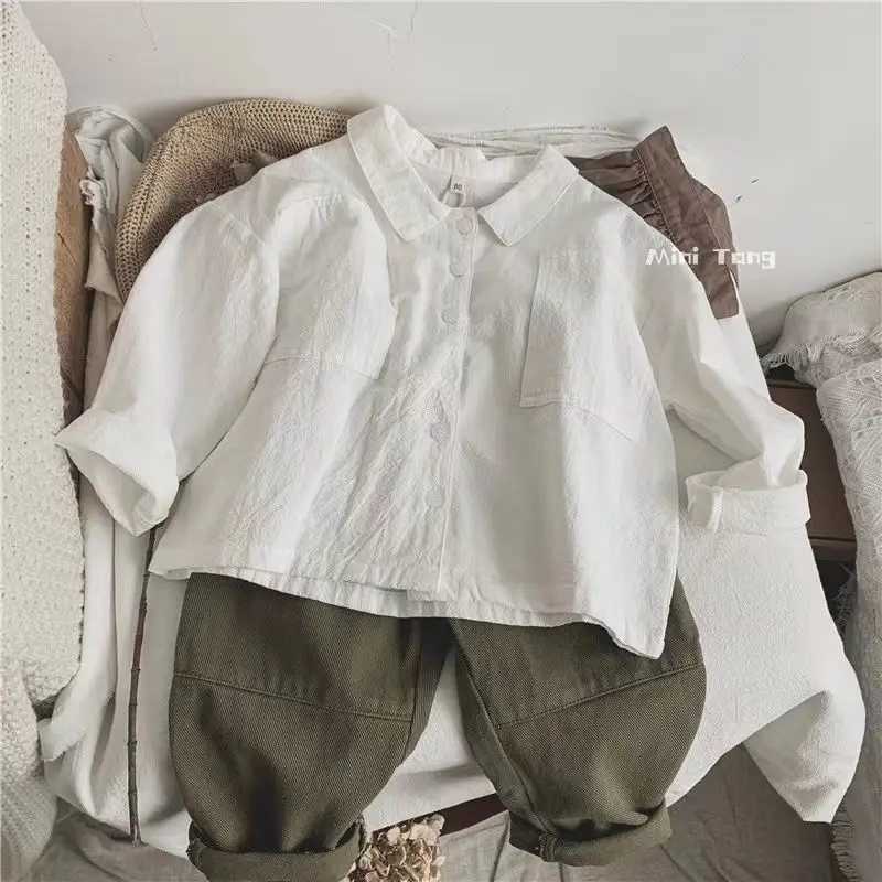 Spring and Autumn Boys Shirt Japanese Style Retro Long Sleeve Polo Collar Cotton Linen Shirt Childrens Baby Top Outer Coat Y240906