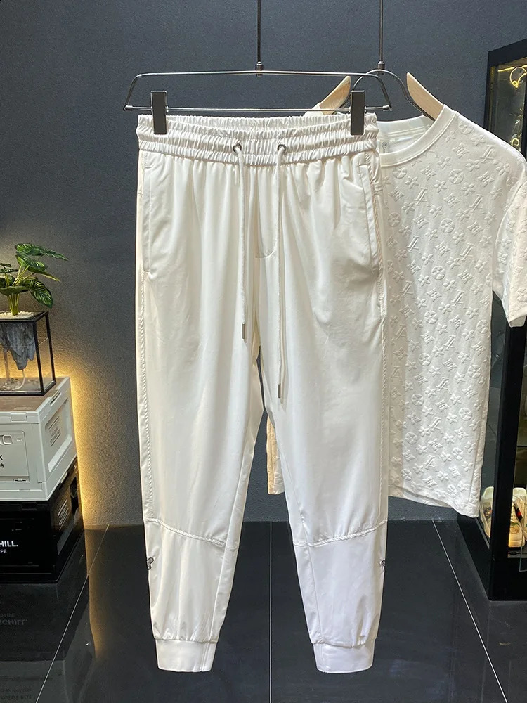 Summer thin soft breathable casual pants mens white ankle strap fashion slim fit sports cut quick drying 240905