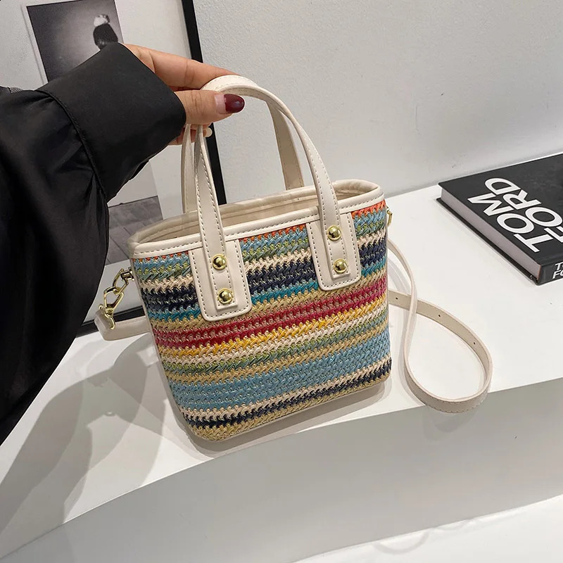 Handwork Straw Bag Summer Women Bucket Bag Purse Fashion er Straw Woven Handbag Beach Travel Ladies Shoulder Crossbody Bag 240902