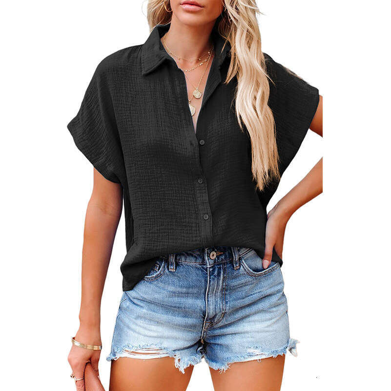 Summer women's V-neck breasted solid color shirt Women's ruffle loose short sleeved T-shirt top Women