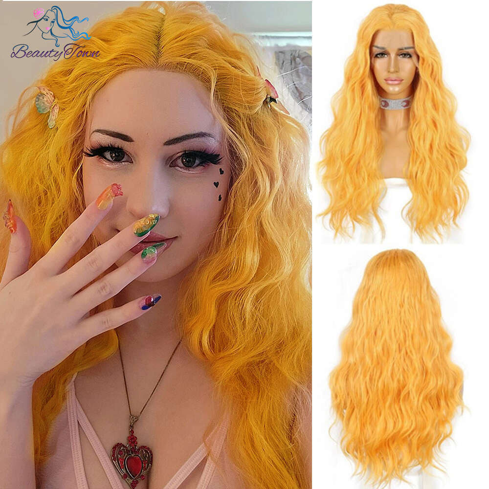 Synthetic Lace Front 613 Blonde Pink Blue Green Purple Yellow Long Curly Halloween For Women Daily Use Party Wig