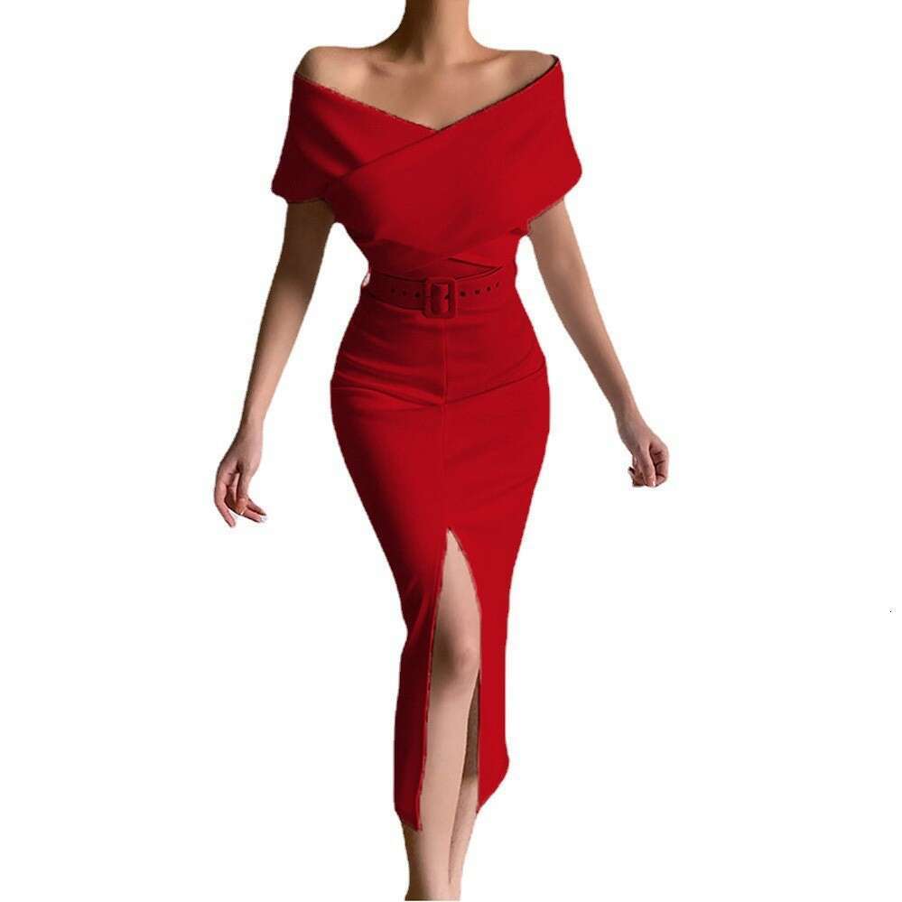 Spring summer elegant temperament commuting simple and light mature new style off shoulder belt slit skirt