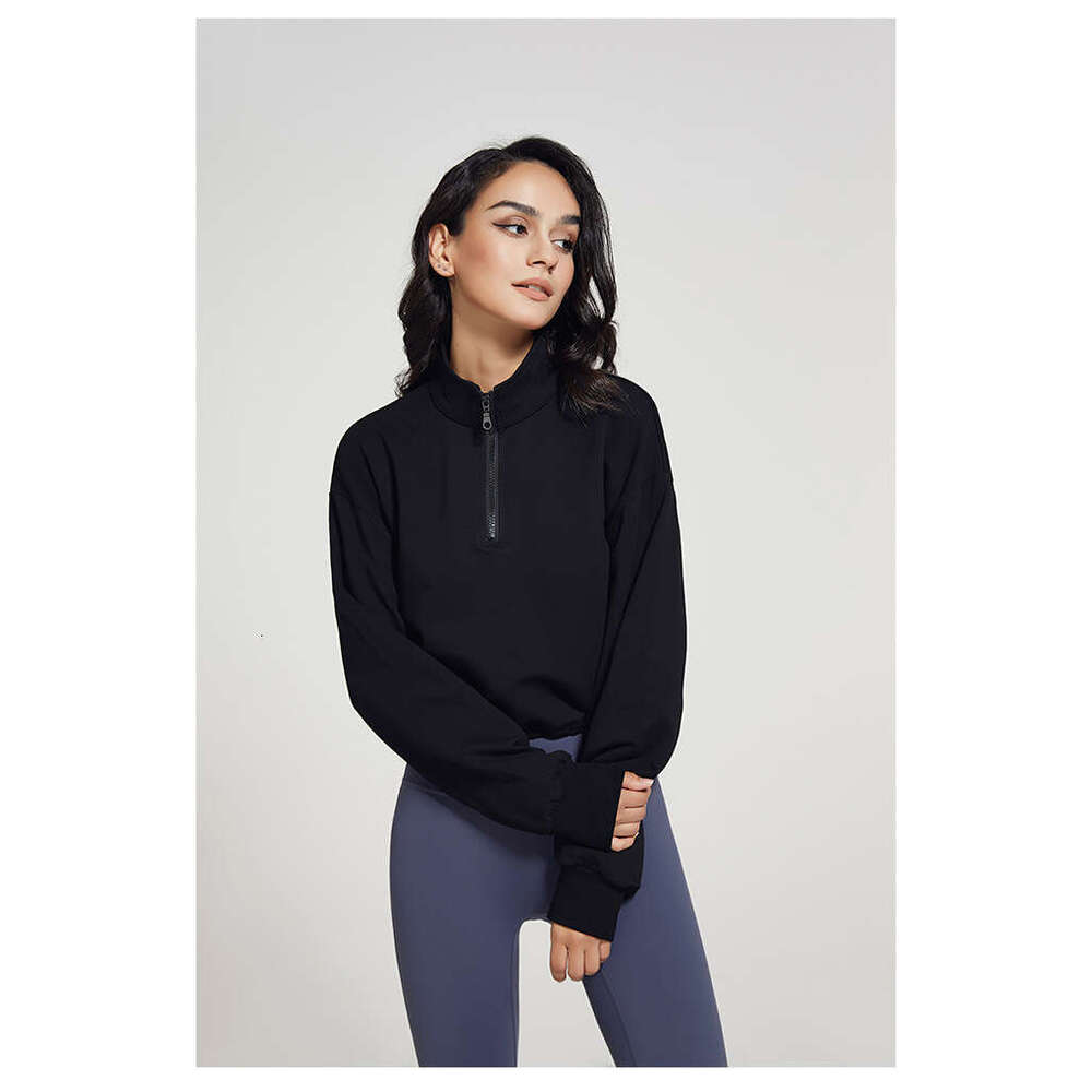 2024 New Stand up Collar Fitness Sports Sweater Women's Loose Zipper Drawstring Long Sleeve Yoga Dress Top T-shirt