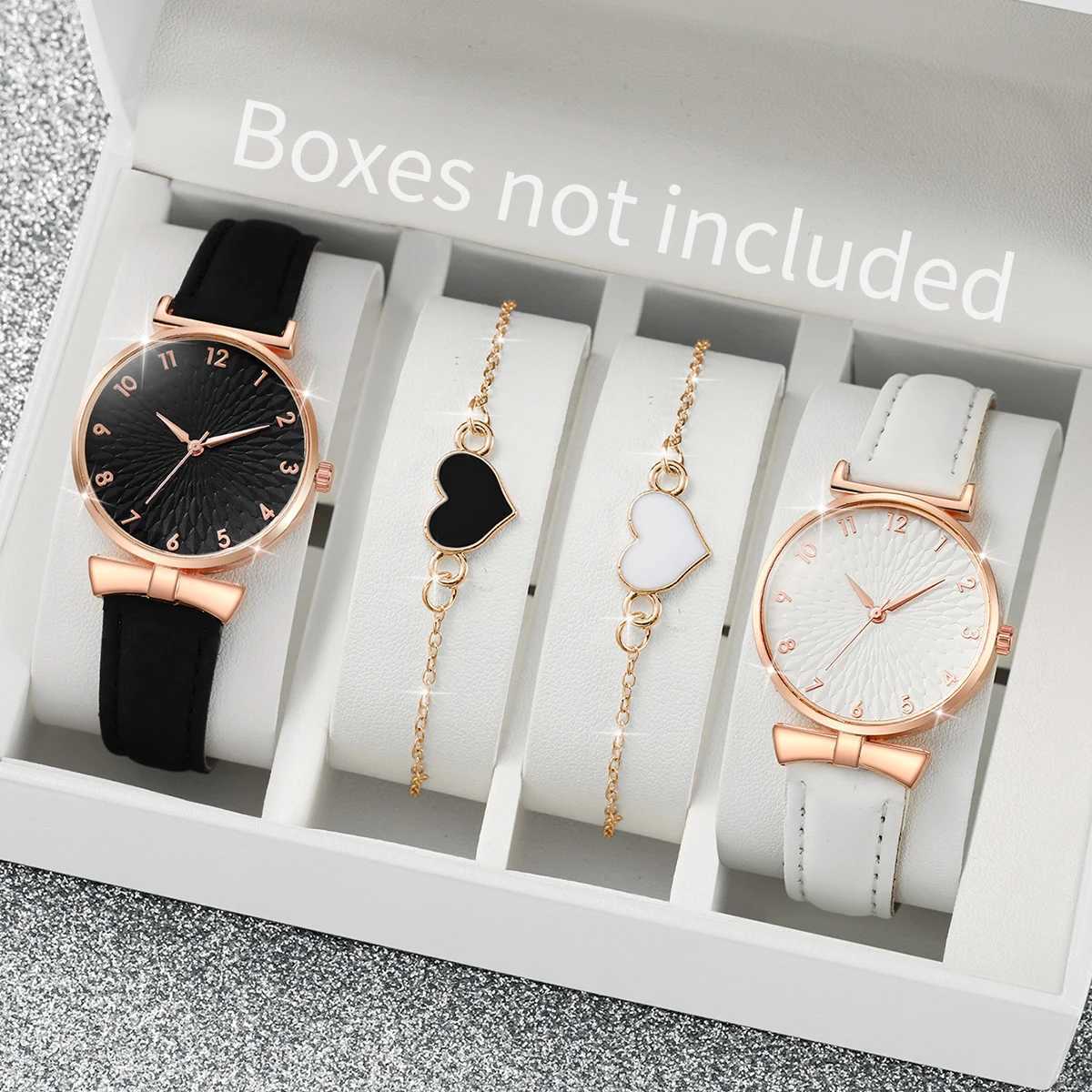 4-piece/set fashionable womens leather strap quartz watch heart-shaped bracelet white black set W240902