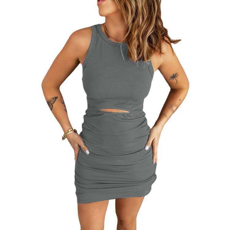 Summer new women's hollowed out mid length with solid round neck, tight fitting pleated sleeveless dress for women