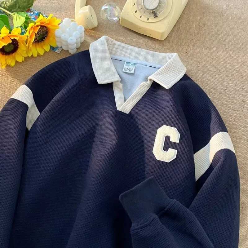 2024trendy Preppy Style Color Block Long Sleeve Polo Shirt Men Embroidery Letter American Style Vintage Fit Half Zip SweatshirtXJ240906