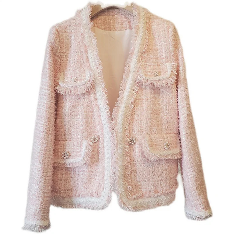 y French Small Fragrance Pink Jacket Women Autumn Fashionable Tassel Brushed Tweed White Coat Female Casaco Feminino K3079 240904
